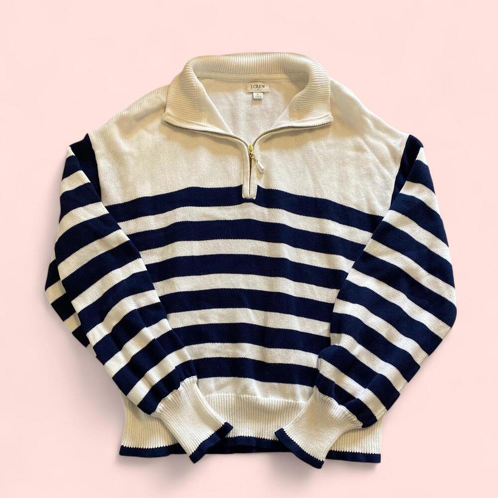 J. Crew white and blue striped quarter zip sweater
